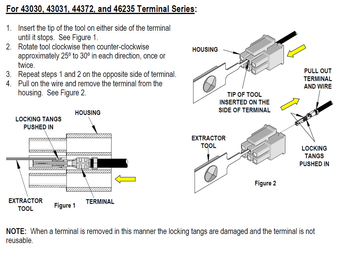 Instructions for de-pining Molex Micro Fit terminals